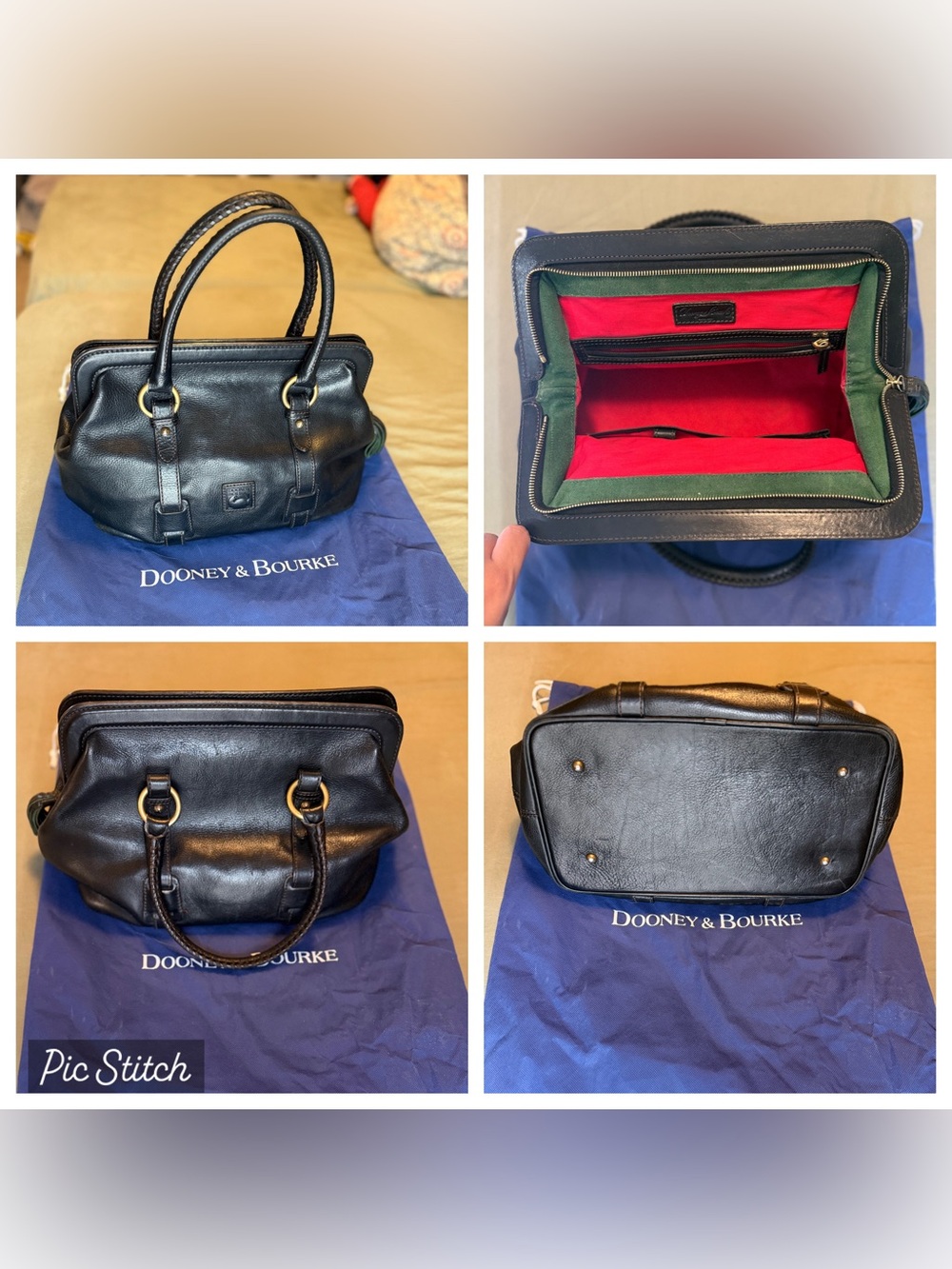 Dooney & Bourke Black Leather Satchel with Red and Green Interior